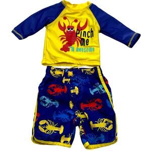 Baby Boys 12M Lobster Red Blue Yellow Swim Set Outfit Rash Guard Shirt Trunks